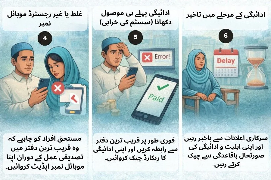 Illustration showing common reasons for Ehsaas payment problems including incorrect mobile number, system error showing payment already received, and delay in payment phase
