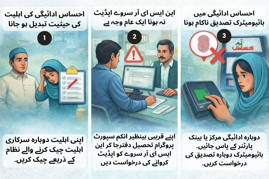 Illustration showing common reasons for Ehsaas payment problems including eligibility status change, NSER survey update issue, and biometric verification failure in Pakistan.
