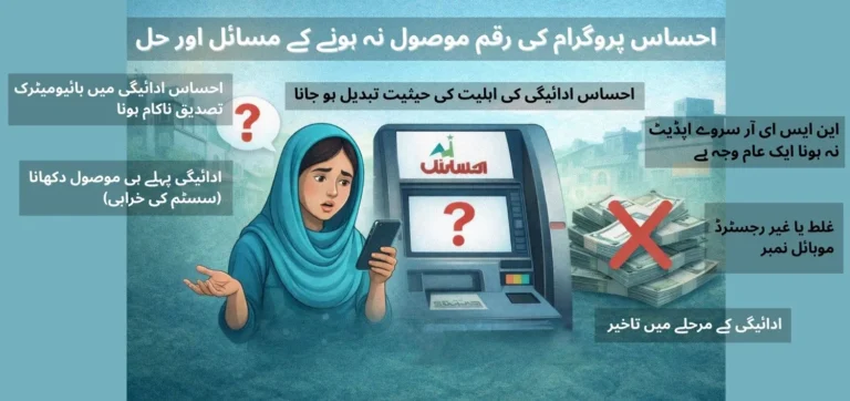 Illustration of a Pakistani woman checking her phone near an ATM while worried about not receiving Ehsaas program payment, symbolizing a payment delay or eligibility issue